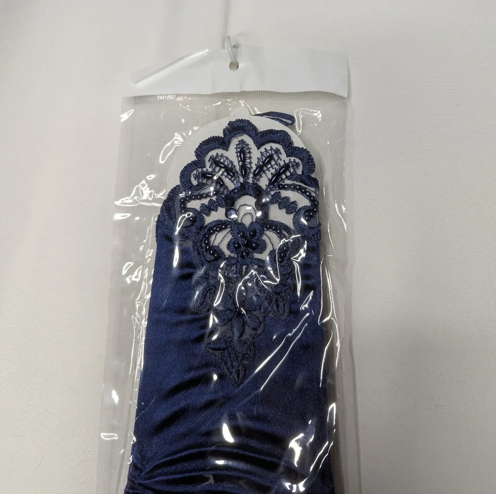 New Womens Navy Blue Satin Beaded Embroidered Fingerless Gloves One Size